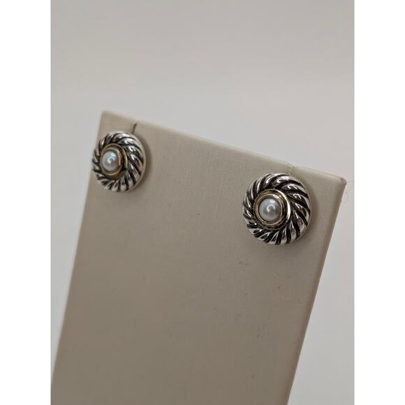 David Yurman Cable Sterling Silver & 14K Gold Pearl Classic Cookie Stud Earrings - Picture 2 of 6